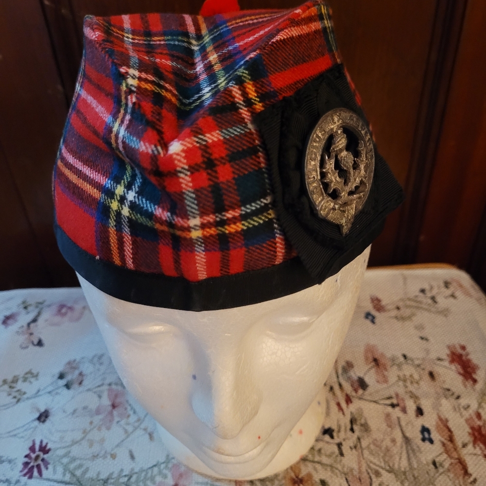 VTG SIZE 7 1/4 Red Tartan Plaid Scottish Highland GLENGARRY Cap Made Scotland - Picture 5 of 8